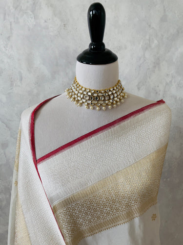 Banarasi Kora Tissue Organza Silk Saree | Off white (Silver) | Gold & Silver Zari | Handwoven | Ships from California
